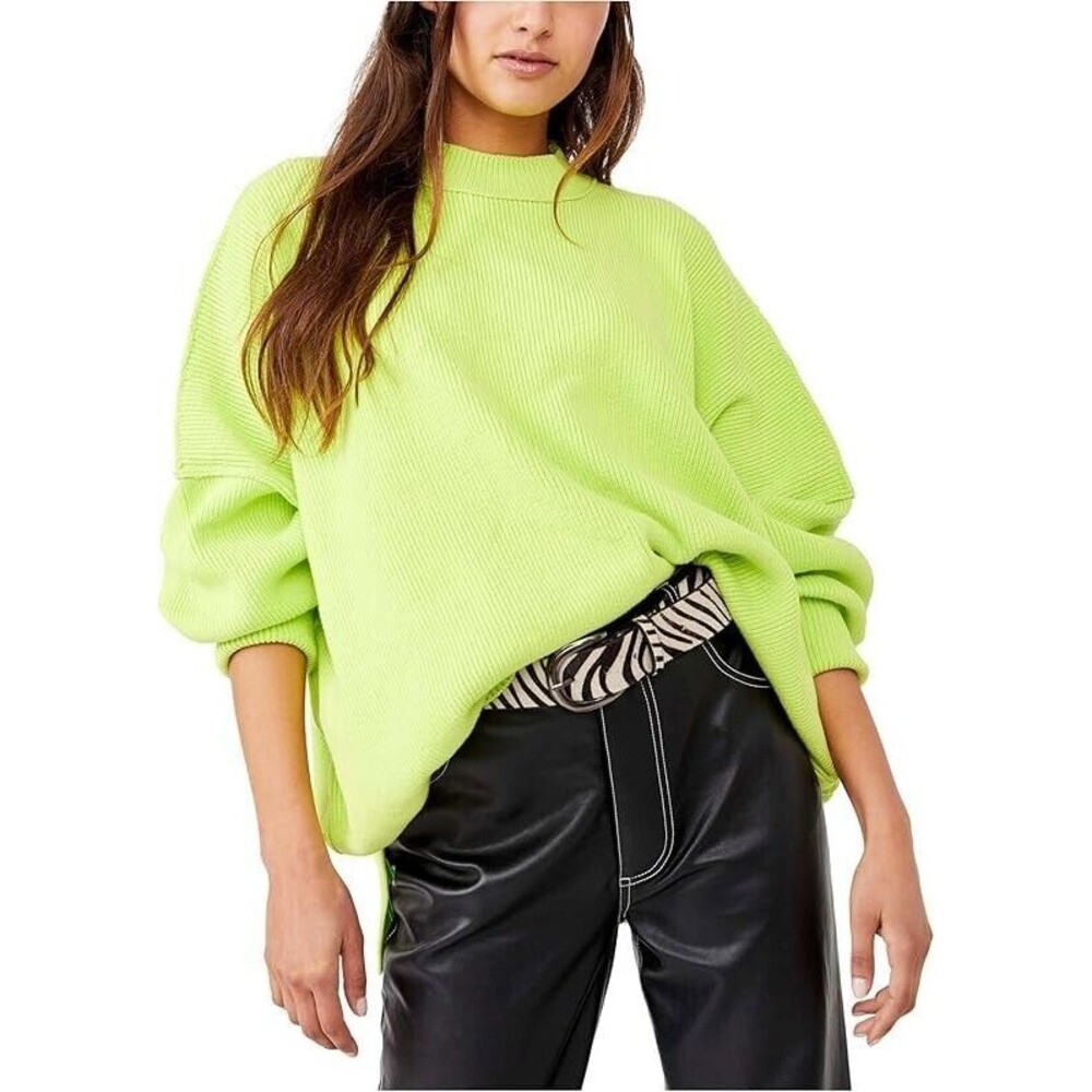 Free People Womens Easy Street Ribbed Knit Tunic Sweater Top Citron Lime Green S